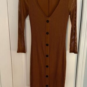 NWOT Express Brown Long Sleeve Vee Neck Bodycon Dress